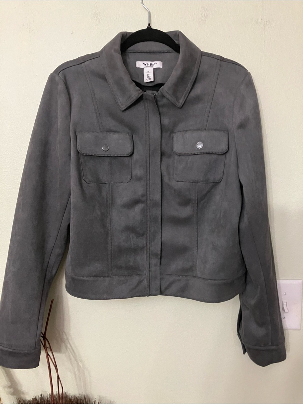 White House Black Market WHBM grey faux suede zip up moto jacket